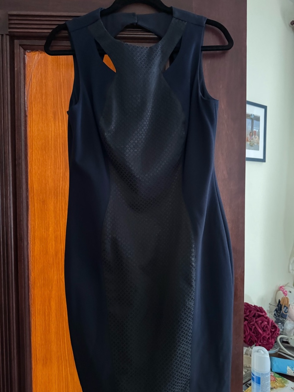 Cache Navy and dark Blue/Black Paneled Midi Sheath Dress